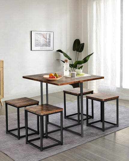 5 Piece Dining Table Set, Dining Set for 4 with Square Stools, Walnut & Black