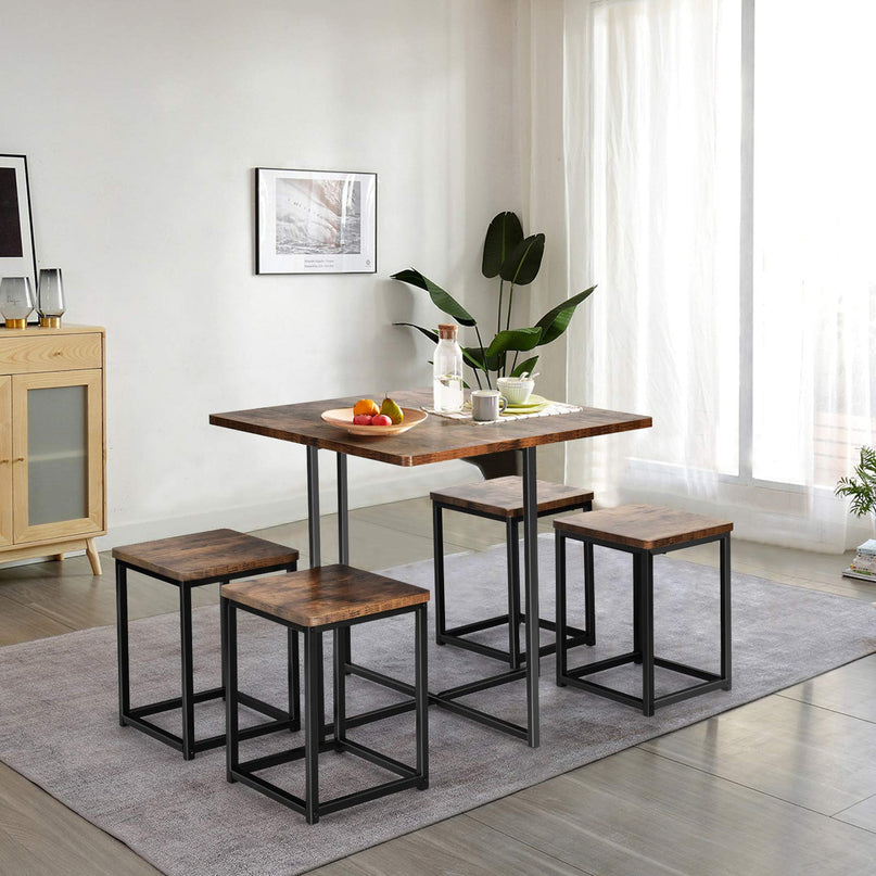 5 Piece Dining Table Set, Dining Set for 4 with Square Stools, Walnut & Black