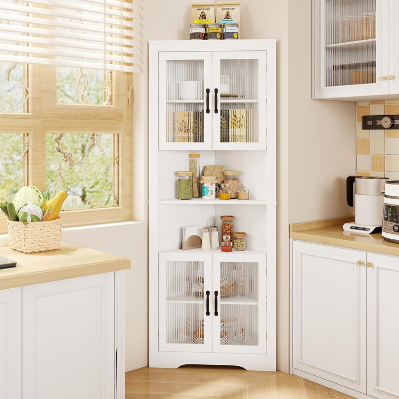 Giantex 67" Tall Corner Cabinet w/ 4 Tempered Glass Doors for Bathroom