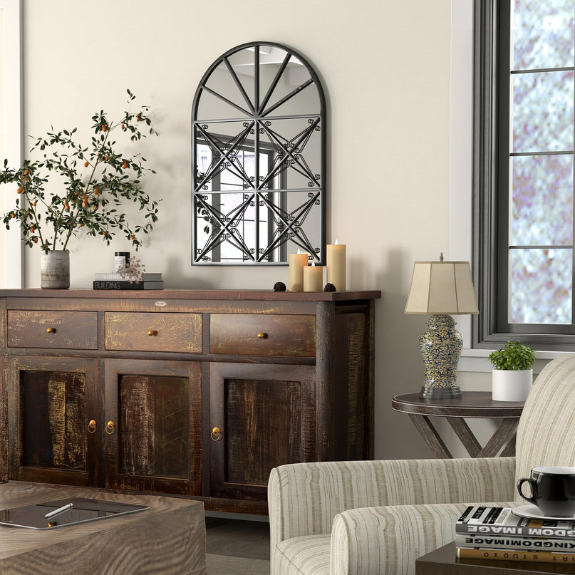CHARMAID Arched Window Pane Mirror - 34"x23" Arch Wall Mounted Decorative Mirror