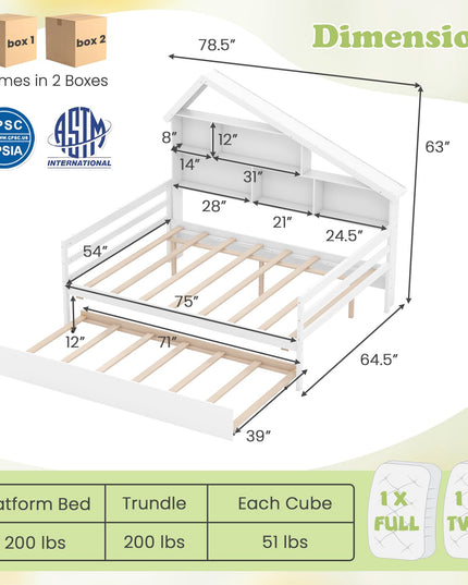 Giantex Full House Bed with Twin Trundle, Wood Daybed with 5 Cube Storage Bookcase & Headboard