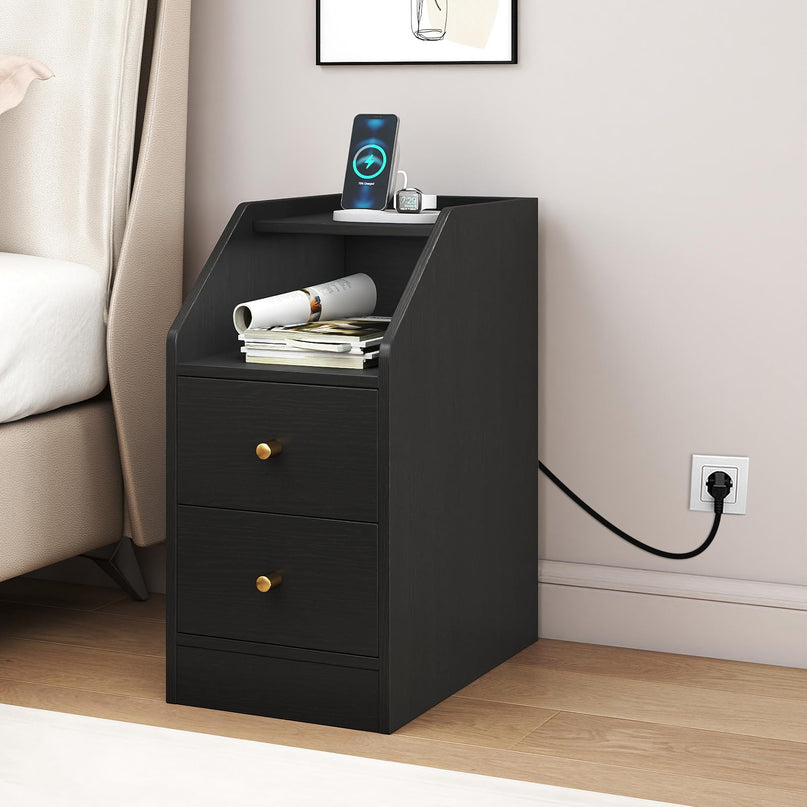 Giantex Night Stand with Charging Station - Sofa Couch End Side Table w/Open Shelf
