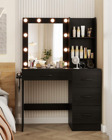 CHARMAID Vanity Desk with Mirror and Lights, Black Makeup Vanity Desk with 4 Large Drawers