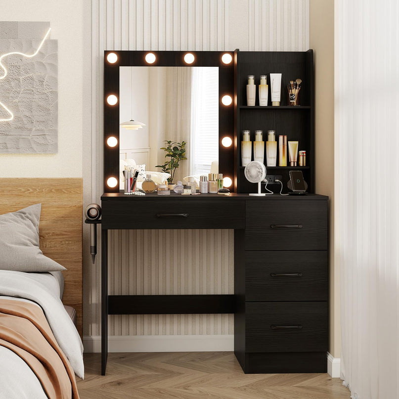 CHARMAID Vanity Desk with Mirror and Lights, Black Makeup Vanity Desk with 4 Large Drawers
