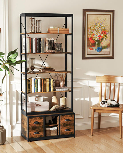 Giantex 5-Tier Industrial Bookshelf, Triple Wide Heavy-Duty Metal Frame Bookcases w/ 14 Open Shelves