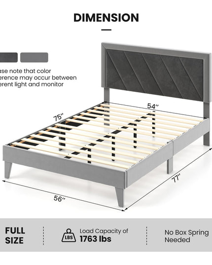 Giantex Full Size Velvet Bed Frame with Headboard, Modern Upholstered Platform Bed, No Box Spring Needed, Black & Gray