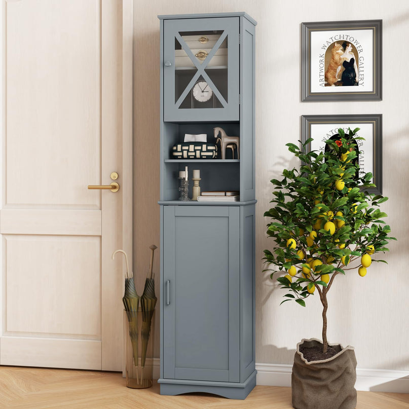Giantex 67" Tall Storage Cabinet, Bathroom Floor Cabinet with Acrylic Door, Adjustable Shelves