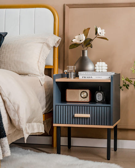 Giantex Modern Nightstand with Drawer - Bedside Table with Open Shelf, Gray
