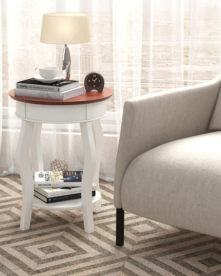 Giantex Farmhouse Round End Table, 2-Tier Sofa Side Table with Storage Shelf, Small Wooden Tea Table with Solid Rubber Wood Legs