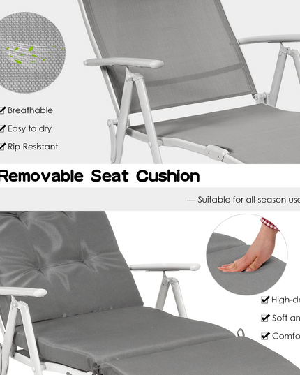 Pool Folding Reclining Beach Chair W/Removable Cushion&Headrest Pillow