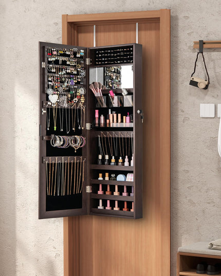 CHARMAID Jewelry Cabinet Wall or Door Mounted, Hanging Lockable Jewelry Armoire Storage with Full Length Mirror