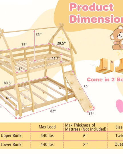 Giantex Twin Over Queen Bunk Bed, Wood House Bunk Bed for Kids with Climbing Nets and Ramp
