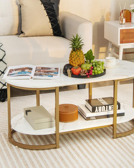 Giantex White Marble Coffee Table - Modern 2-Tier Center Table w/Open Storage Shelf
