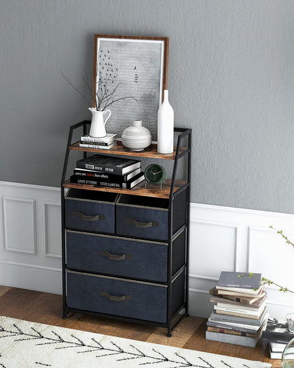 Giantex 4-Drawer Storage Dresser for Bedroom - Tall Storage Tower Unit with 2-Tier Shelf & Fabric Bins