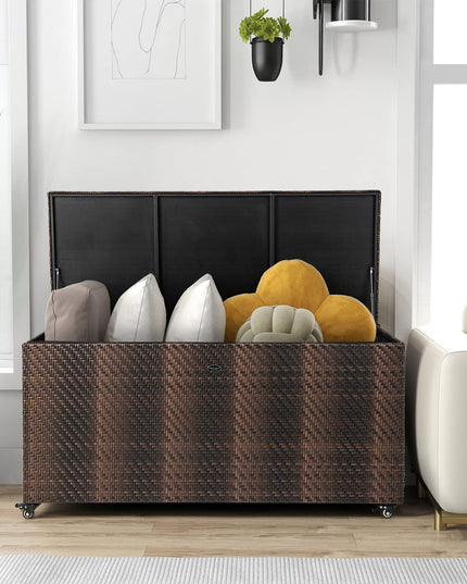 Giantex 96-Gallon Outdoor Storage Box - PE Wicker Deck Box with Lid, Outside Rattan Storage