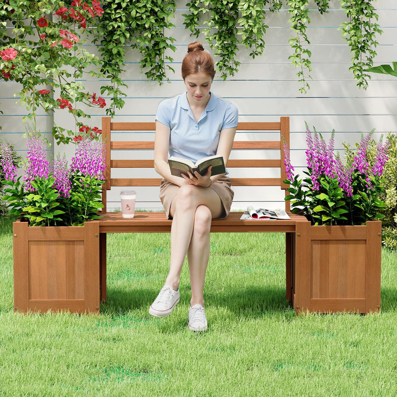 Giantex 2 in 1 Outdoor Bench with Backrest & 2 Raised Garden Beds
