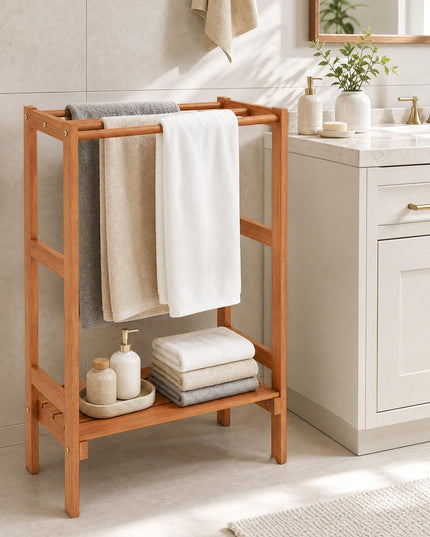 3-Bar Wood Towel Rack Freestanding with Bottom Storage Shelf