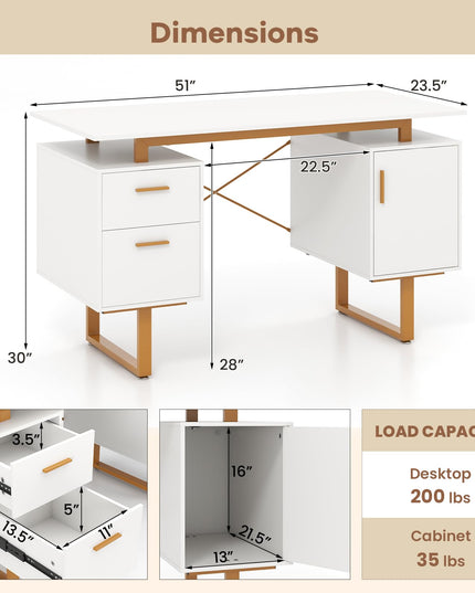 Giantex Computer Desk with Drawers & Cabinet, 51” Long Home Office Desk with Floating Desktop & Metal Frame