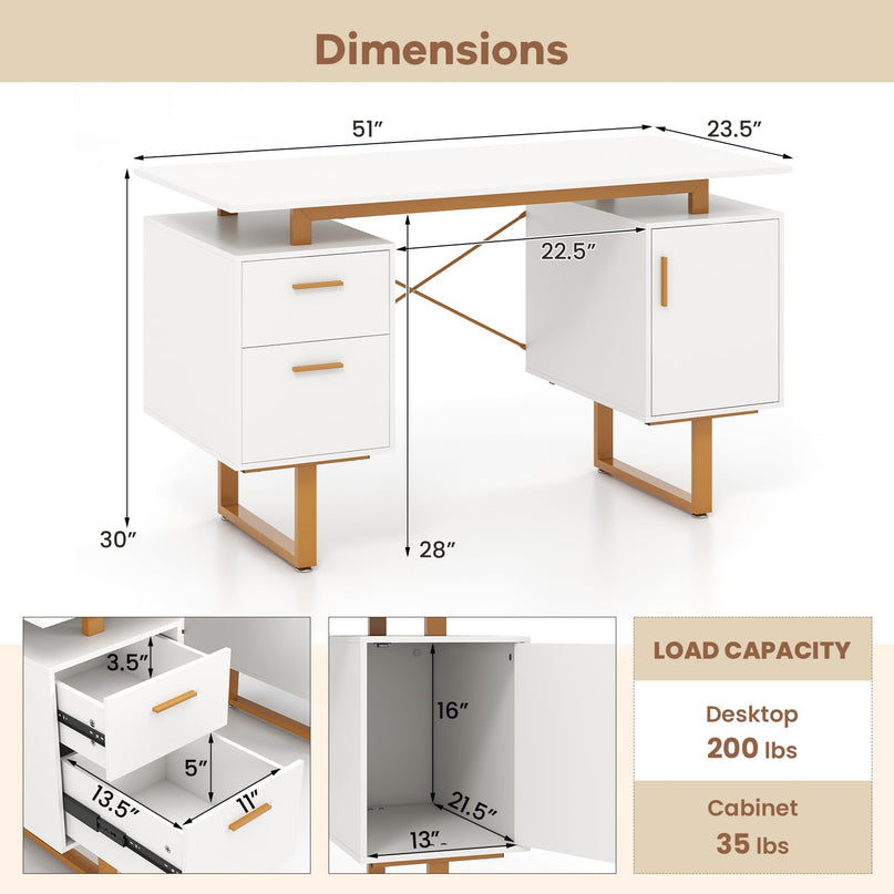 Giantex Computer Desk with Drawers & Cabinet, 51” Long Home Office Desk with Floating Desktop & Metal Frame