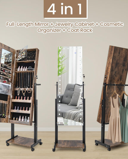 CHARMAID Jewelry Cabinet Armoire with LED Full Length Mirror, 3 Adjustable Heights, up to 69 inches