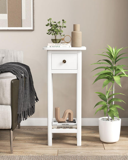 Giantex Narrow End Table with Drawer, Tall Acacia Wood Side Table with Bottom Shelf, Modern Bedside Tables