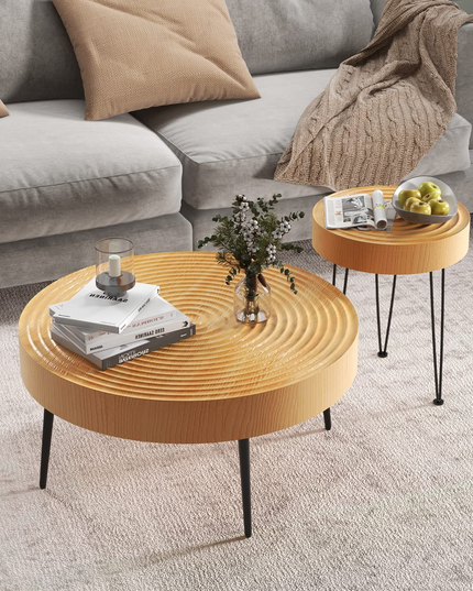 Giantex Round Coffee Table Set of 2 - Sofa Side Nesting Table w/Solid Pine Wood Top