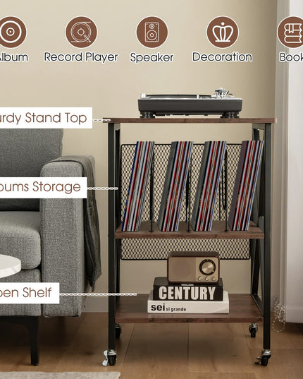 Giantex Record Player Stand, Vinyl Record Storage Table w/ 3 M-shaped Dividers & 4 Rolling Wheels, Rustic Brown