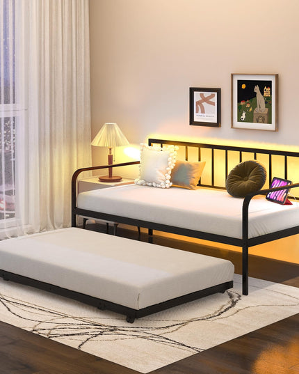 Giantex Twin Daybed with Trundle, Metal Day Bed with Charging Station & LED Lights