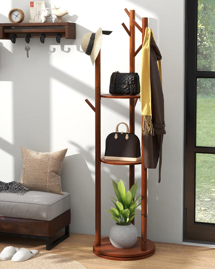 Giantex Coat Rack Freestanding, Wooden Rotary Coat Tree w/ 3 Display Storage Shelves & 9 Hooks