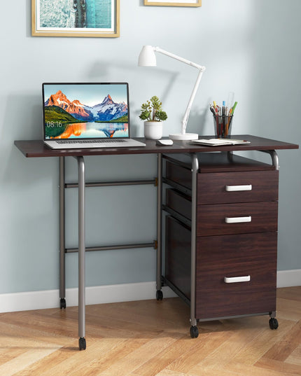 Giantex Folding Desk for Small Space, Rolling Home Office Desk with 3 Drawers & Lockable Universal Wheels