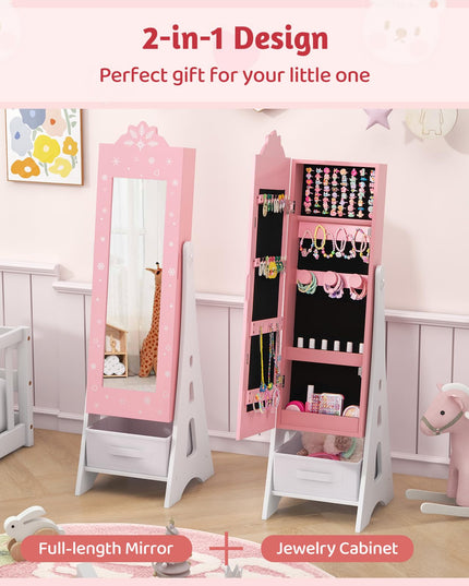 CHARMAID Kids Mirror Jewelry Cabinet - Standing Full Length Mirror with Jewelry Storage