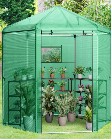 Giantex 7 x 6 x 7.5 FT Greenhouse, Large Hexagonal Walk in Greenhouse Outdoor with Heavy-Duty Metal Frame