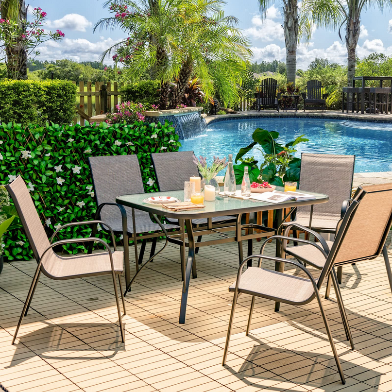 Giantex Set of 6 Patio Chairs, Stackable Outdoor Dining Chairs, with Curved Armrests and Breathable Fabric