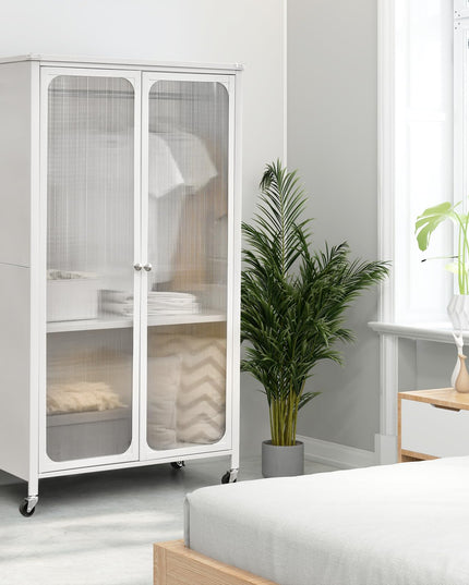 Portable Closet with Rollers, Mobile Metal Armoire Closet with Hanging Rod
