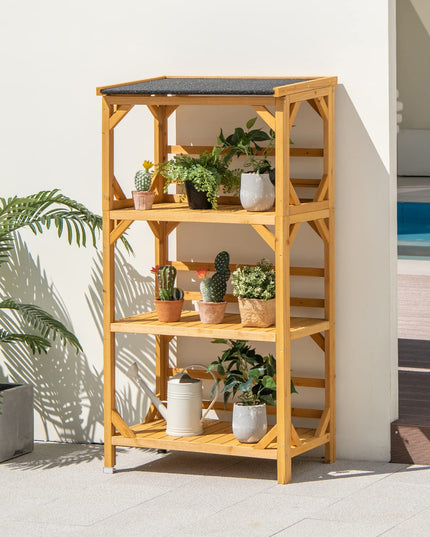 Giantex Plant Stand with Roof - 54'' Outdoor Storage Shelves, 3-Tier Wooden Plant Rack with Weatherproof Asphalt Roof