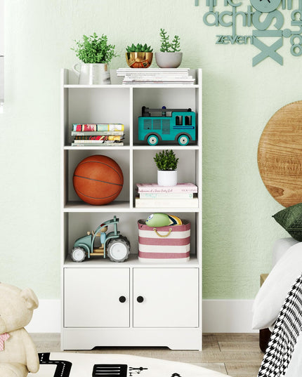 Giantex 4-Tier Bookcase with Doors, Small Bookshelf with 5 Cubbies and 2 Cabinets, White Freestanding Bookshelf