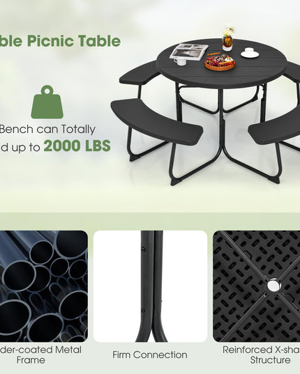 Giantex Picnic Table Set for Up to 8 Persons, Round Outdoor Table and Bench Set with Umbrella Hole