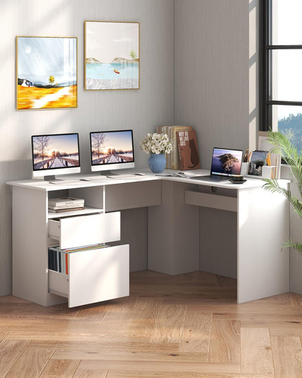 Giantex L Shaped Computer Desk with Drawers, 59" Corner Desk Workstation with Storage Shelf & Cable Holes