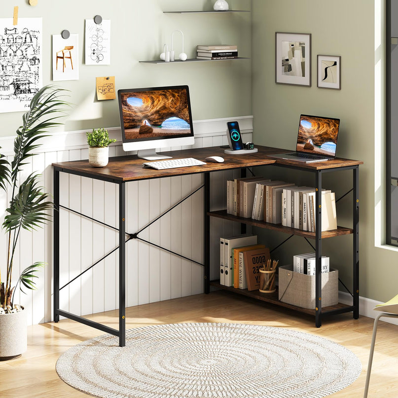 Giantex 47 Inch Reversible Computer Desk with Adjustable Storage Shelves & Metal Frame