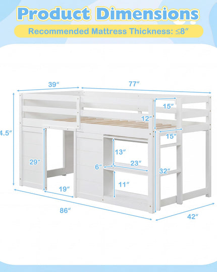 Giantex Loft Bed Twin Size with LED Lights with Under-Bed Play Space & Storage Bookcase