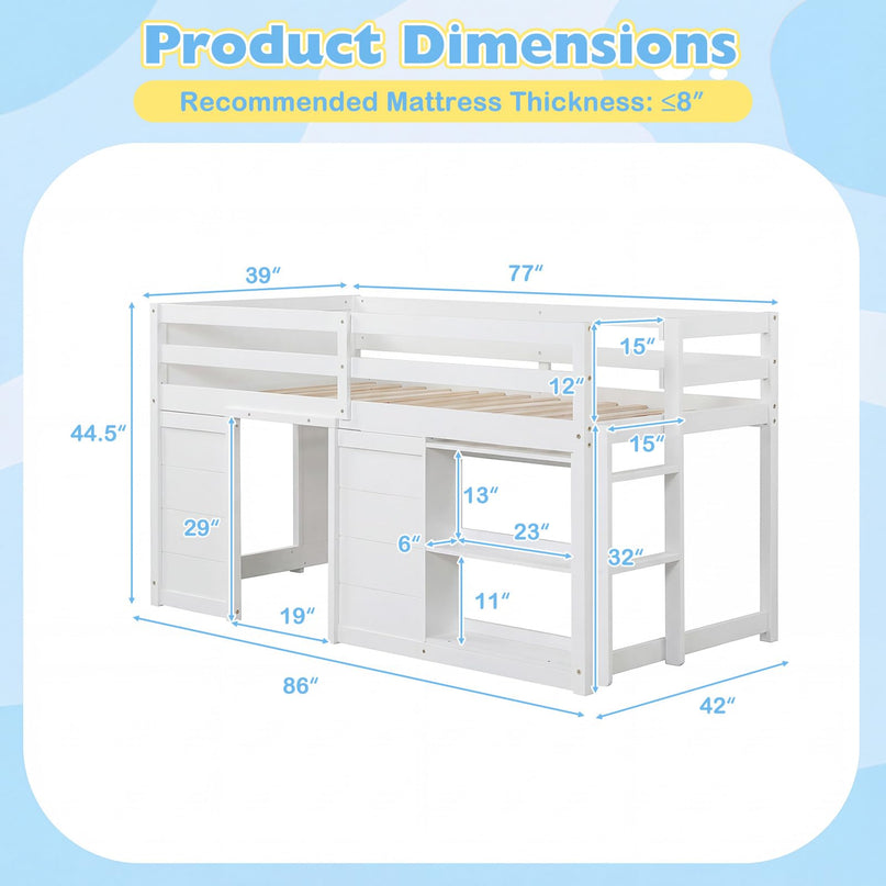 Giantex Loft Bed Twin Size with LED Lights with Under-Bed Play Space & Storage Bookcase