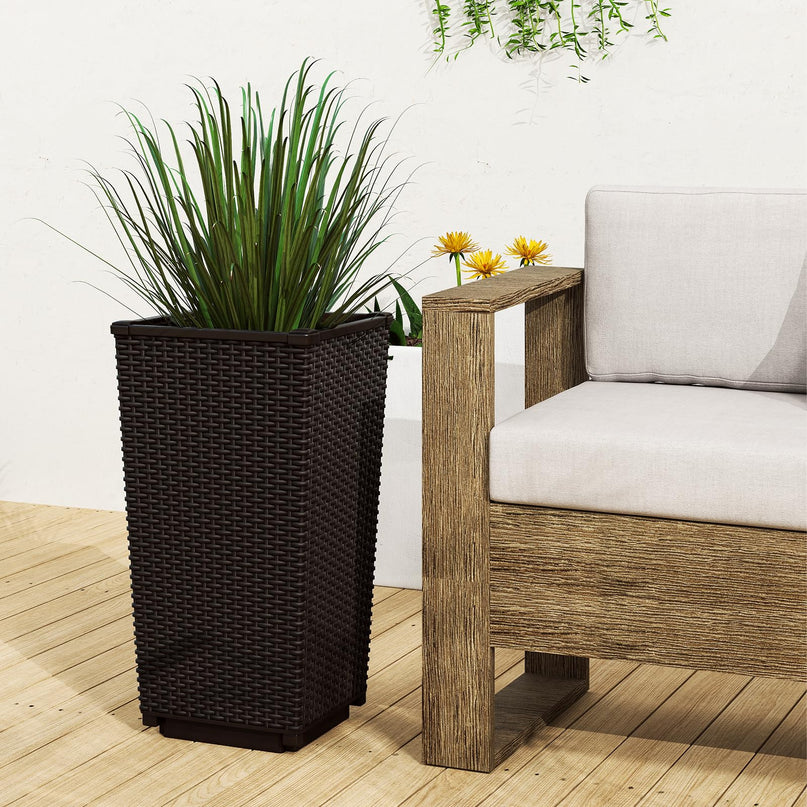 Giantex Set of 2 Outdoor Wicker Flower Pot, 23 Inch Tall Planters with Drainage Hole, Self-Watering Tray