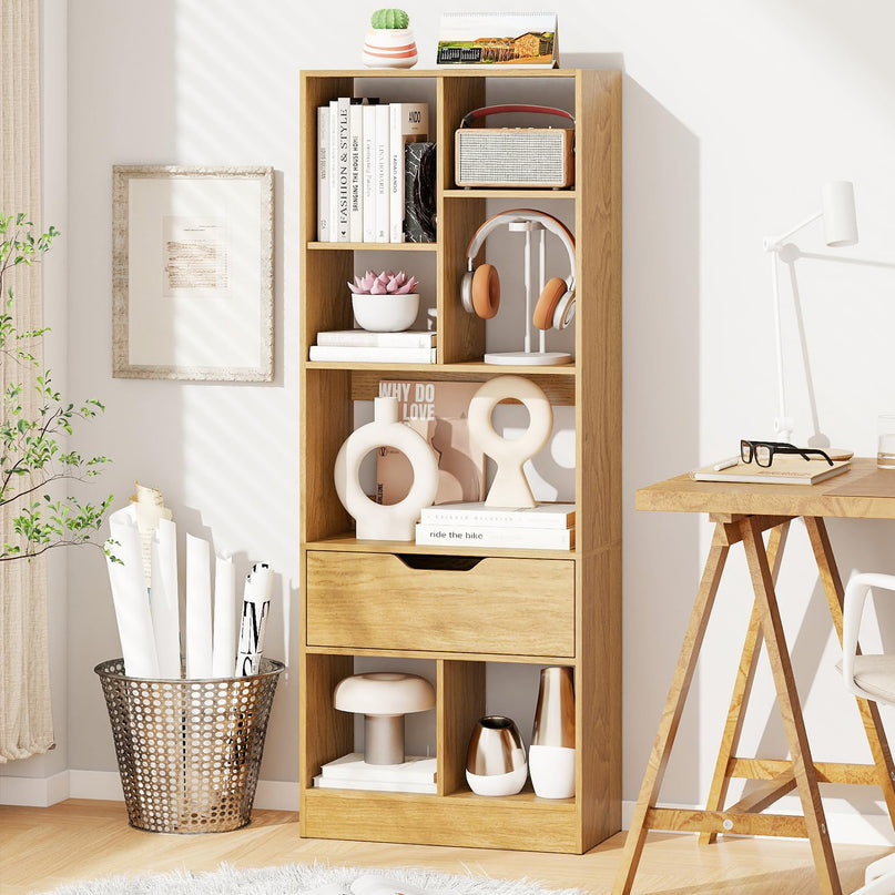 51 inch Tall Freestanding Bookcase with Drawer 7-Cube Storage Organizer