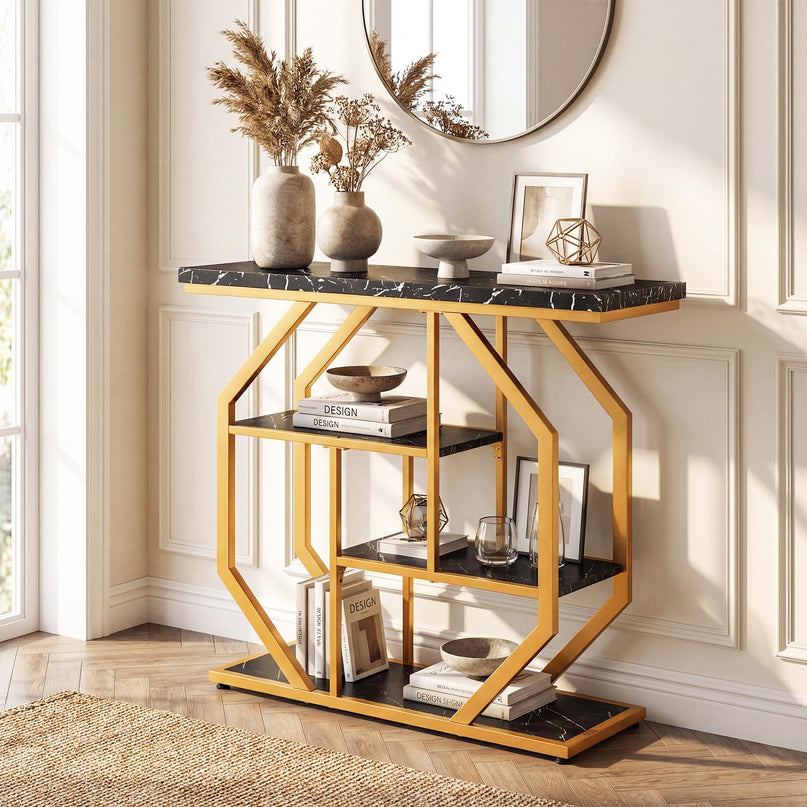 Giantex Console Moderne à 4 Niveaux de 40 Pouces avec Étagères de Rangement et Cadre Métallique Géométrique