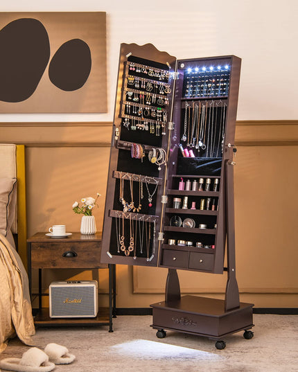 CHARMAID 6 LEDs Rolling Jewelry Cabinet with High Full Length Mirror, Lockable Standing Jewelry Armoire with Wheels