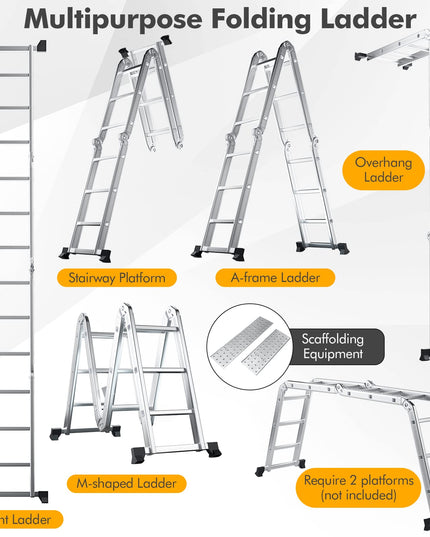 7 in 1 Folding Extension Ladders,Extendable Scaffold Aluminum Step Ladder 330LB (12.2 Ft)