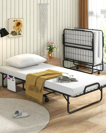 Giantex Folding Bed with Mattress and Top Pillow, Cot Portable Guest Bed w/Metal Frame, 75" x 31"