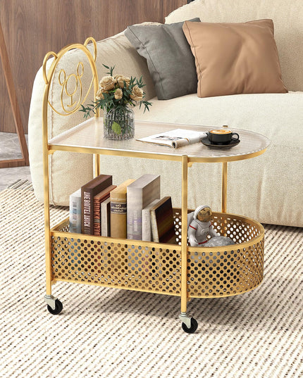 Giantex Mobile Glass Coffee Table, 2-Tier Modern Cocktail Table with Bear Pattern, Storage Basket & Metal Frame