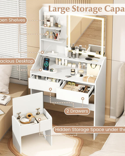 CHARMAID White Vanity Desk with LED Lighted Mirror