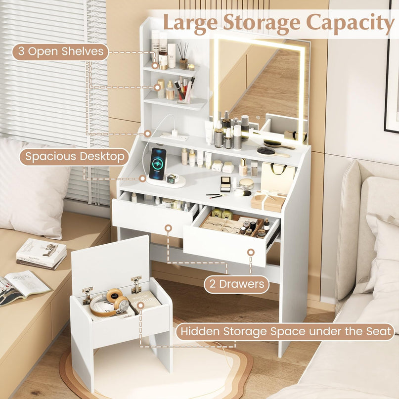 CHARMAID White Vanity Desk with LED Lighted Mirror